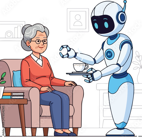 Robot serving tea to an elderly woman sitting on a couch in a living room illustration