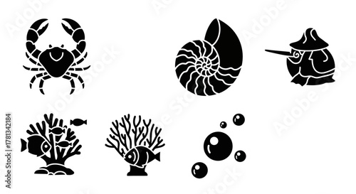 Marine silhouettes: underwater creatures and coral designs in black and white