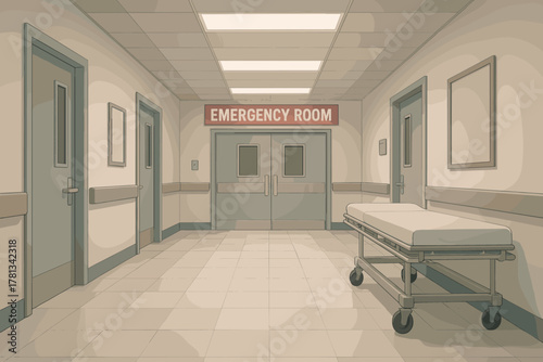 Quiet hospital corridor with an empty gurney parked outside the doors of the emergency room, under a sign indicating the entrance.