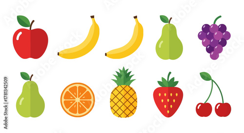 Colorful flat fruit icons collection featuring apple, banana, pear, grape, orange, pineapple, strawberry, cherry