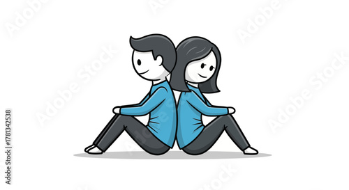 Cartoon couple sitting back-to-back in blue outfits, smiling, black and white, minimalist style