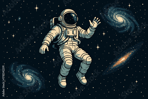 A lone astronaut in a spacesuit waves while floating in a star-filled universe with spiral galaxies around.