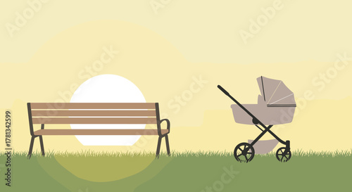 Wooden bench and baby stroller on a grassy field during sunrise, illustrating a peaceful outdoor setting.