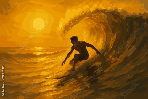 Silhouette of a male surfer riding a powerful wave at sunset with vibrant orange and yellow hues in the sky and water.