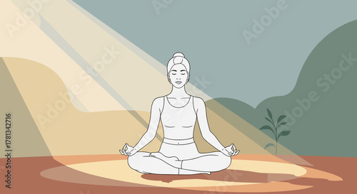 Caucasian female adult seated in a peaceful lotus position practicing meditation, with eyes closed and a calm expression under soft sunlight.