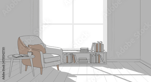 Cozy reading nook with an armchair, a small table holding a steaming mug and open book, and shelves filled with books under a large window with flowing curtains.