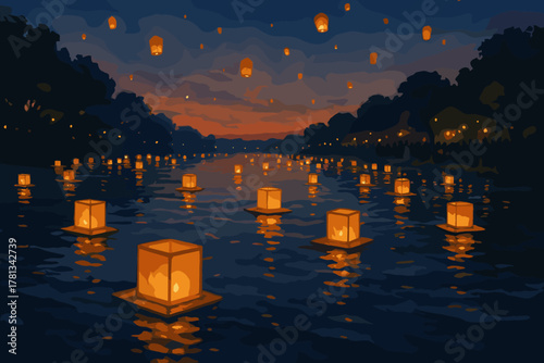 Glowing lanterns drift serenely on a peaceful river during dusk, creating a mesmerizing and tranquil atmosphere under a starry sky.
