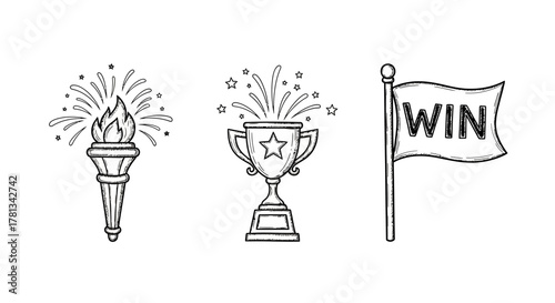 Hand drawn celebration icons: torch, trophy, and flag with star accents