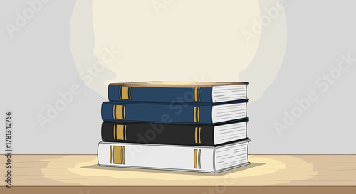 Stack of four hardcover books with blue, black, and white covers placed on a wooden surface, illuminated by soft light.