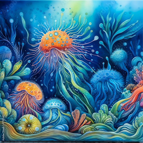 an abstract underwater scene where bioluminescent microbes light up corallike colonies.