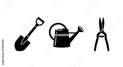 Gardening tools silhouette: shovel, watering can, shears for home and garden