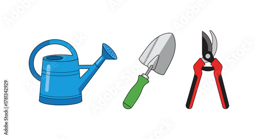 Gardening tools: watering can, trowel, and pruning shears in flat design