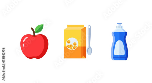 Flat design grocery items: apple, cereal box, and dish soap bottle