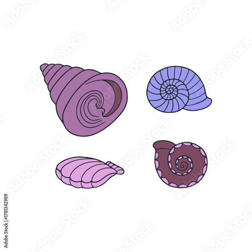 Sea shell hand drawn colorful line art vector illustration set