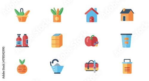 Colorful flat icons of home, food, and shopping essentials