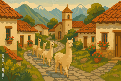 Four alpacas walking along a cobblestone path in a quaint village with terracotta-roofed houses and distant snow-capped mountains.