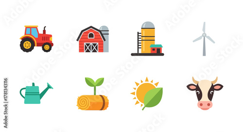 Farm life icons: tractor, barn, silos, and more in flat style
