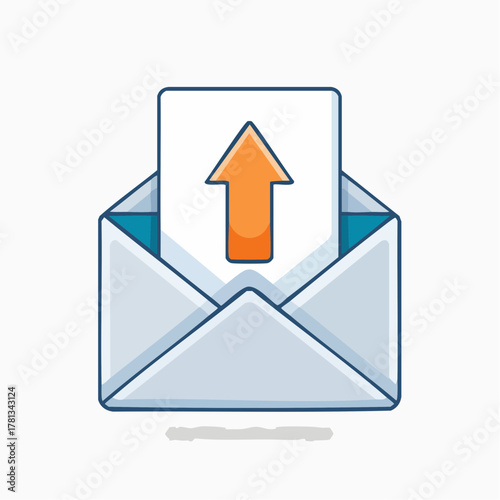 Open light gray envelope with white paper and orange upward arrow icon on a white background mail email