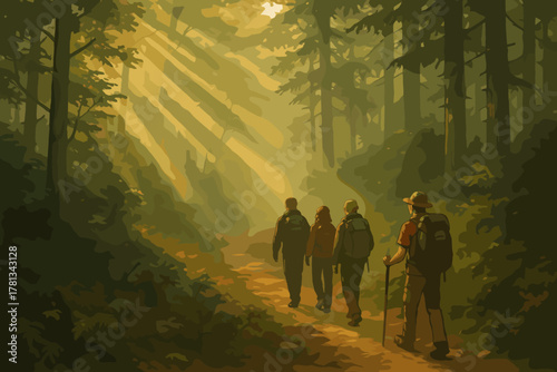 Four hikers with backpacks walking along a sunlit forest trail, surrounded by tall trees and dappled light filtering through the canopy.