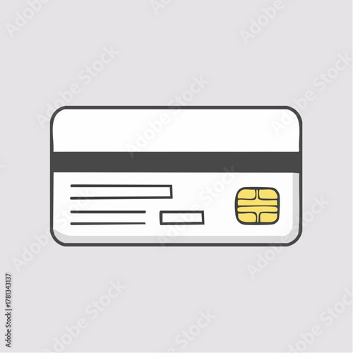 Simple flat design illustration of a credit card with magnetic stripe and chip on a light gray background