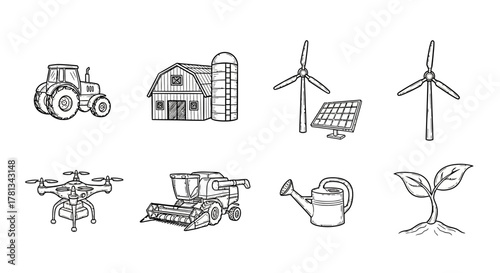 Farm and renewable energy icons: tractor, wind turbines, drone, and more