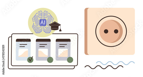 AI learning network with academic cap over processor, checklist of user options, and connected wall socket. Ideal for technology, education, innovation, data, connectivity, selection progress