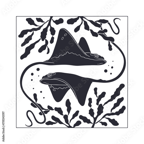 Art nouveau style stingray couple swimming in ocean amongst seaweed black silhouette hand drawn vector illustration