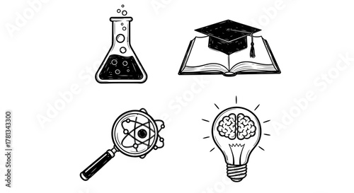 Retro science education elements: chemistry, books, and innovation icons