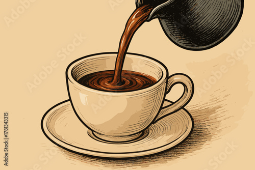 Hand-drawn illustration of hot coffee being poured from a pot into a cup on a saucer, showcasing a cozy and inviting beverage moment.