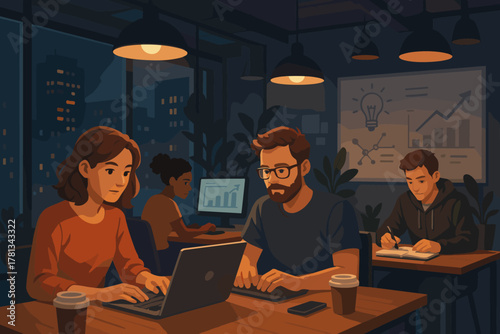 Diverse group of young adults working late at night in a modern office, collaborating on laptops and notebooks with charts displayed on screens.