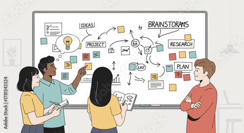 Diverse group of young adults engaged in a brainstorming session, discussing ideas and planning on a whiteboard filled with notes and diagrams.