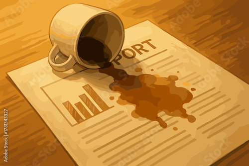 Coffee spills from a tipped-over mug onto a report paper on a wooden surface, staining the document with brown liquid.