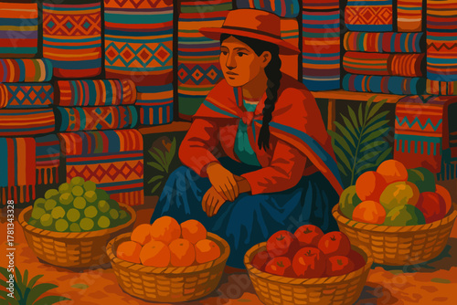A hispanic young female fruit vendor sits surrounded by baskets of oranges, apples, and limes, set against a backdrop of colorful textiles.
