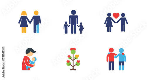 Colorful flat icons representing family, relationships, and parenthood