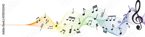 illustration of rainbow colored sheet music - musical notes melody	