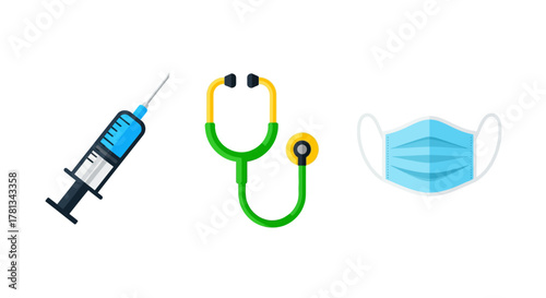 Healthcare tools: syringe, stethoscope, and face mask in flat design