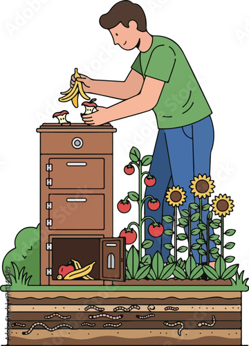 Man composting food scraps in a worm farm for garden fertilization.