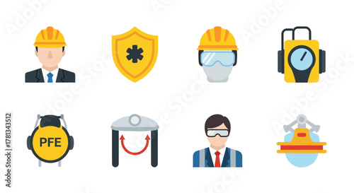 Safety icon set featuring construction helmet and protective equipment