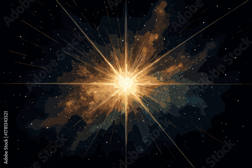 Bright cosmic explosion of light and energy in a dark starry space backdrop, capturing the brilliance and mystery of the universe.