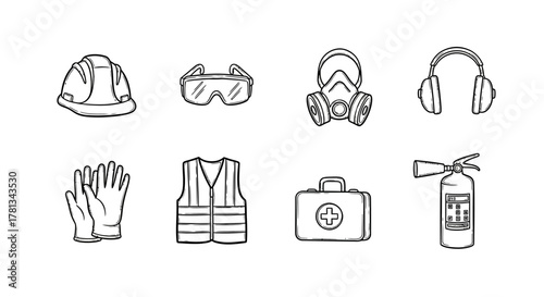 Essential safety equipment icons in hand-drawn style for construction and industrial use