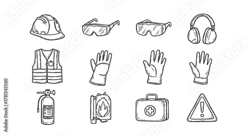 Hand drawn safety gear and equipment icons set for workplace protection