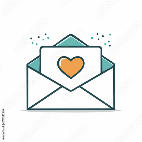 Colorful Open Envelope with Orange Heart Card and Teal Accents on White Background letter mail