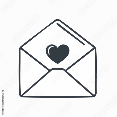 Hand Drawn Open Envelope with Dark Heart Symbol Inside on White Background letter mail