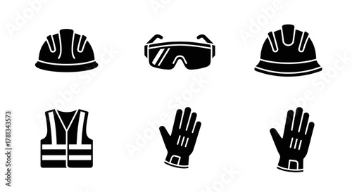 Safety equipment icons: hard hat, goggles, vest, and gloves in black silhouette style