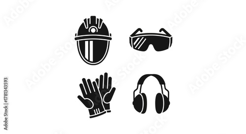 Silhouette set of safety gear icons: helmet, glasses, gloves, headphones