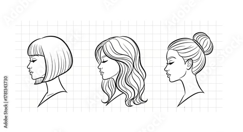 Profile designs of women's hairstyles: bob, wavy, and bun on grid background