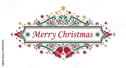Elegant merry christmas banner with festive ornaments stars and bells in traditional red green and gold colors