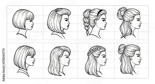 Stylish female hairstyles line art collection in profile view with grid