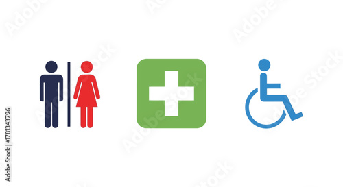 Essential public symbols: restroom, first aid, and accessibility icons