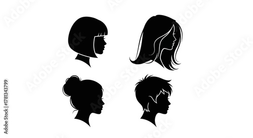 Stylish woman profiles in black silhouette featuring diverse haircuts